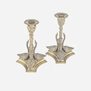 A Pair of Early Victorian Silvered Bronze Swan Candlesticks