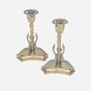 A Pair of Early Victorian Silvered Bronze Swan Candlesticks