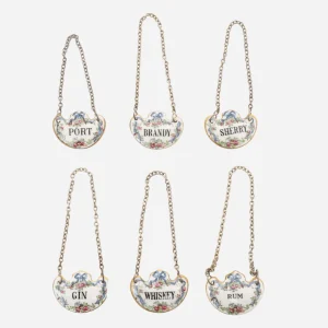 Cased Porcelain & Silver Decanter Labels - Set of 6