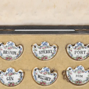 Cased Porcelain & Silver Decanter Labels - Set of 6