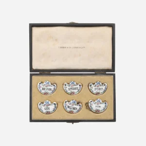 Cased Porcelain & Silver Decanter Labels - Set of 6