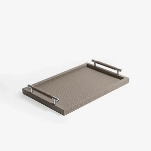 Dedalo Medium Rectangular Leather Tray Taupe