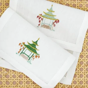 Set of Six Pagoda Embroidered Cocktail Napkins